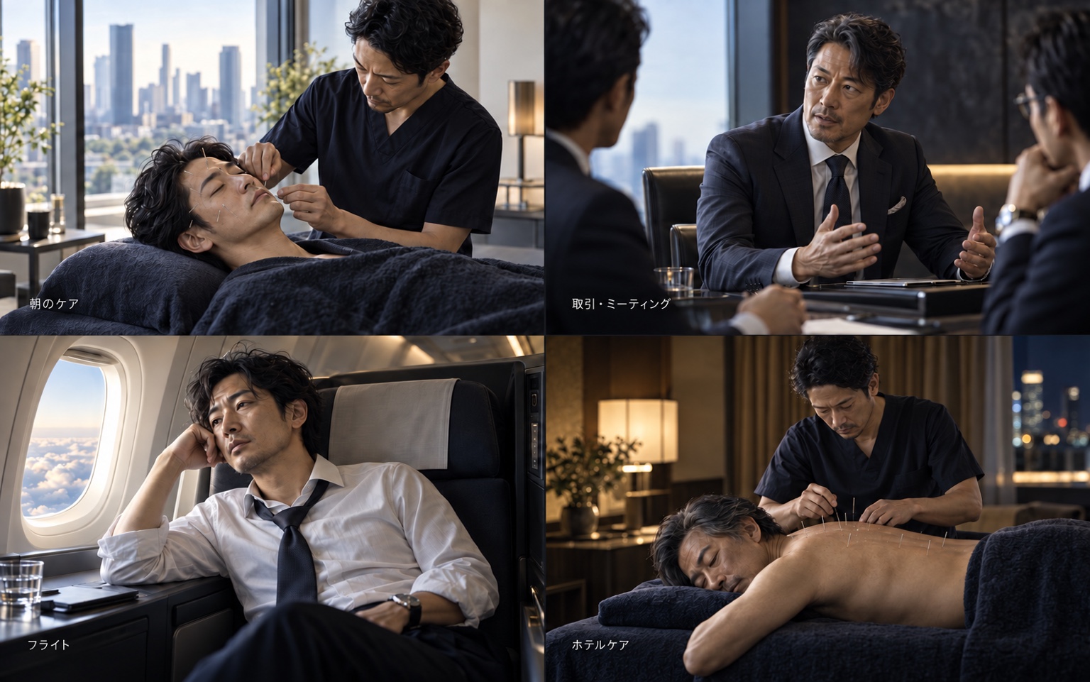 朝のケア・取引やミーティング・フライト・ホテルケアのイメージ